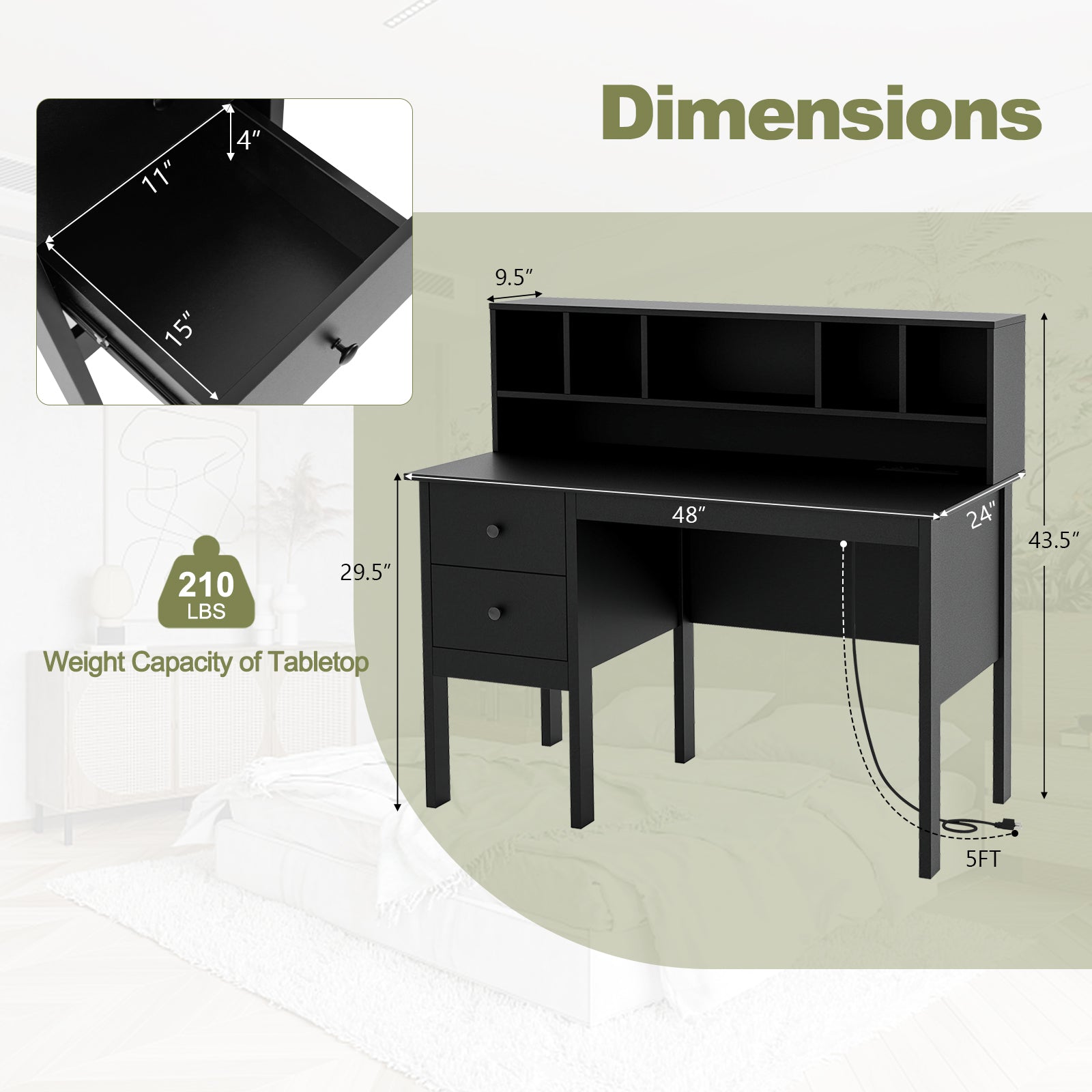 48 Inch Computer Desk with Drawers Power Outlets