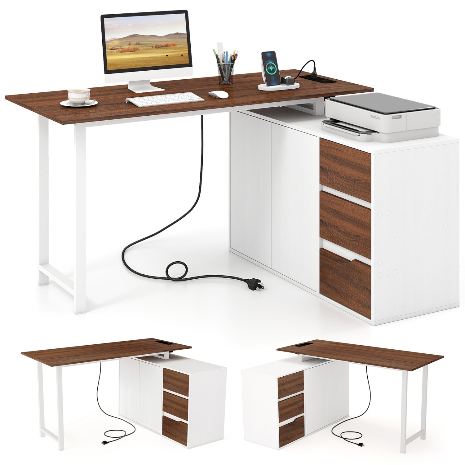 L-Shaped Desk with File Cabinet and Power Outlet Reversible Corner Computer Desk