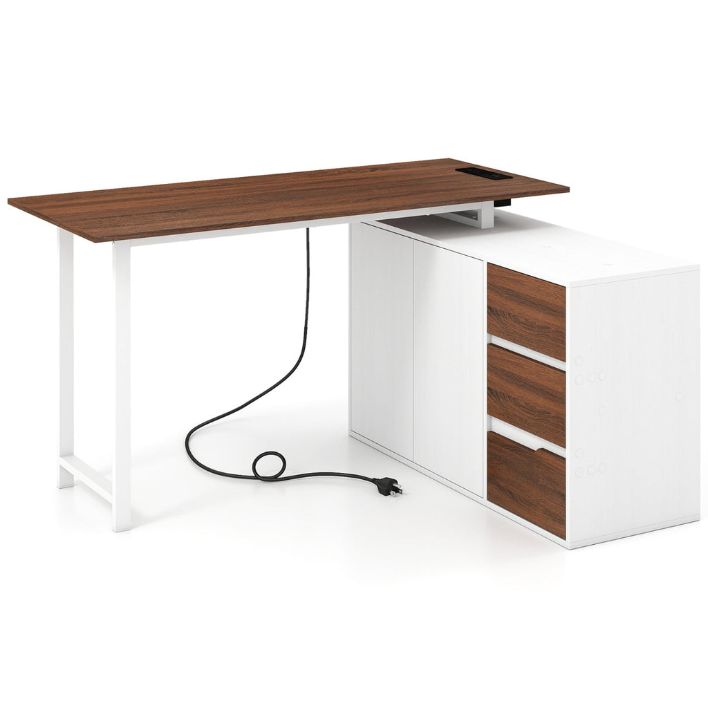 L-Shaped Desk with File Cabinet and Power Outlet Reversible Corner Computer Desk