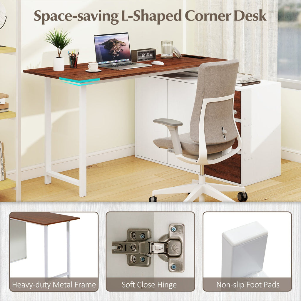 L-Shaped Desk with File Cabinet and Power Outlet Reversible Corner Computer Desk