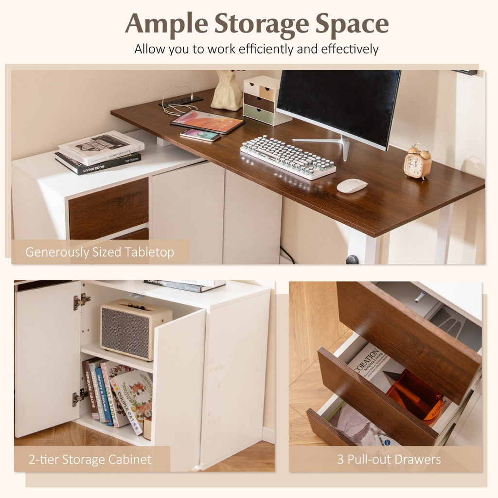 L-Shaped Desk with File Cabinet and Power Outlet Reversible Corner Computer Desk