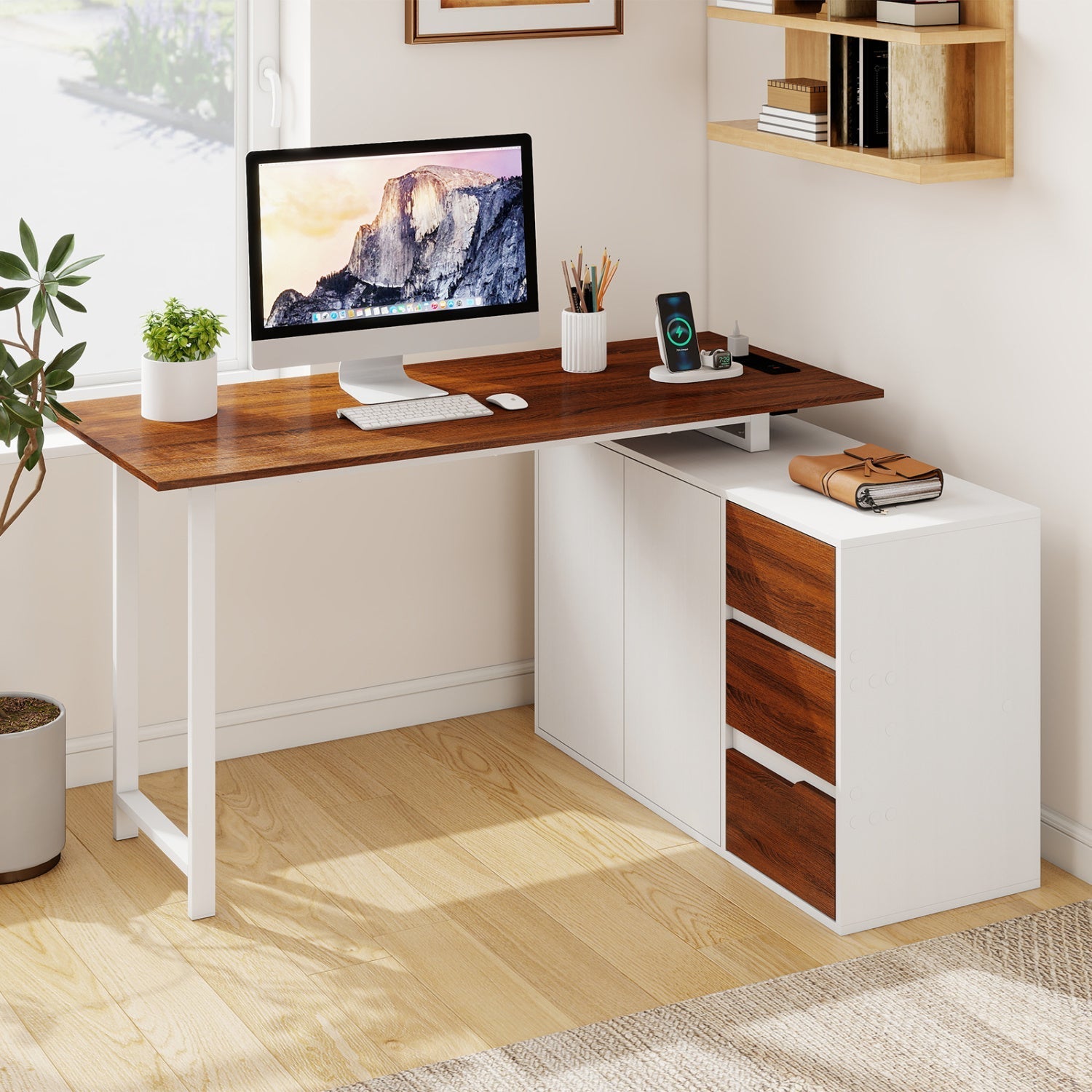 L-Shaped Desk with File Cabinet and Power Outlet Reversible Corner Computer Desk