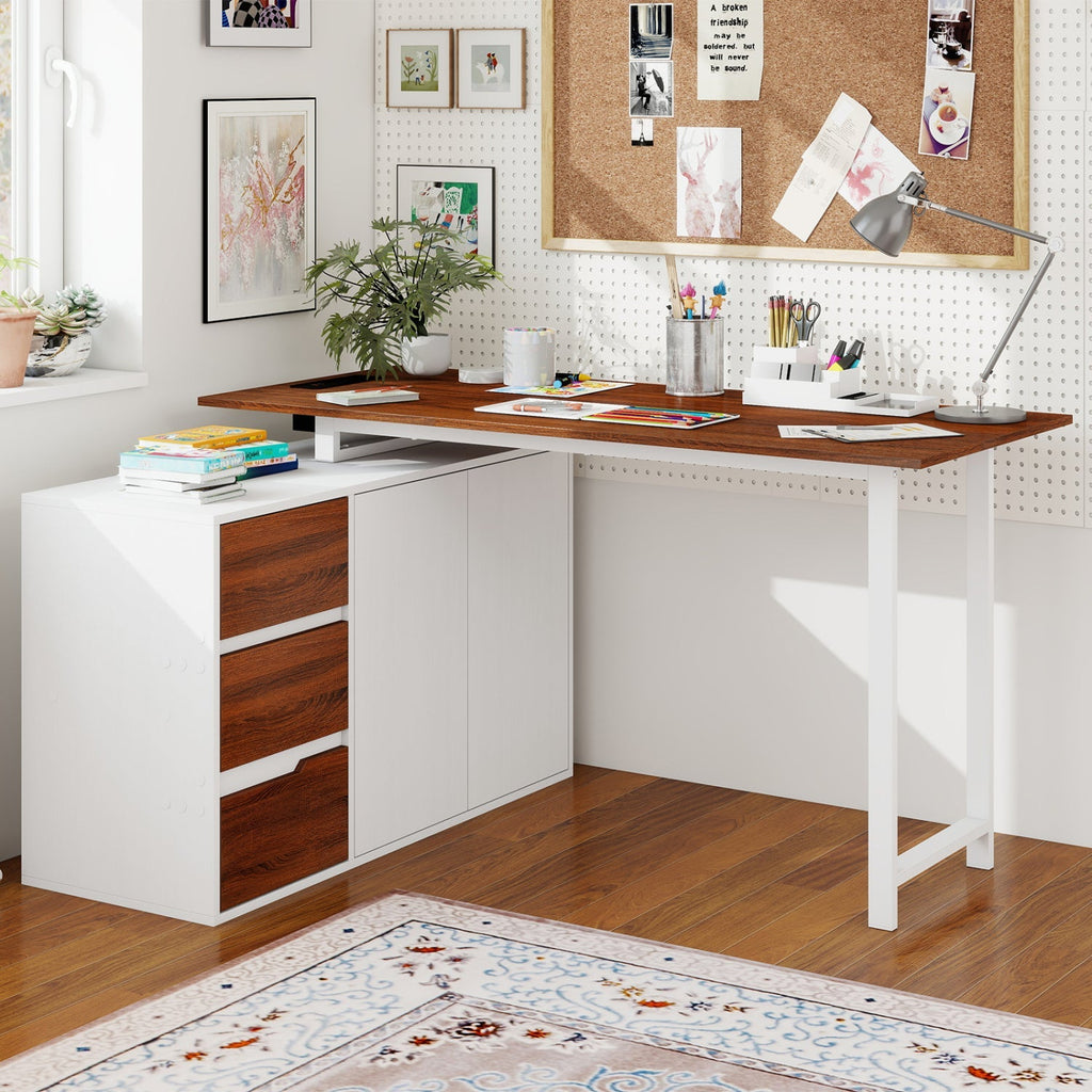 L-Shaped Desk with File Cabinet and Power Outlet Reversible Corner Computer Desk