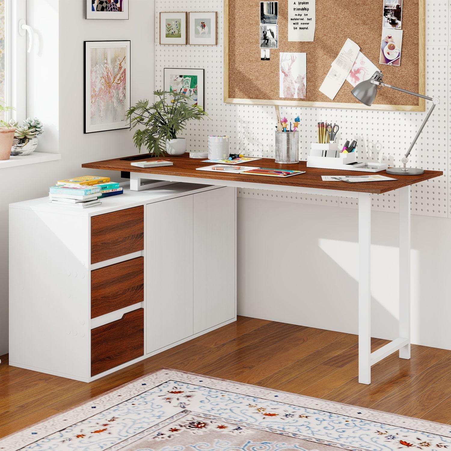 L-Shaped Desk with File Cabinet and Power Outlet Reversible Corner Computer Desk