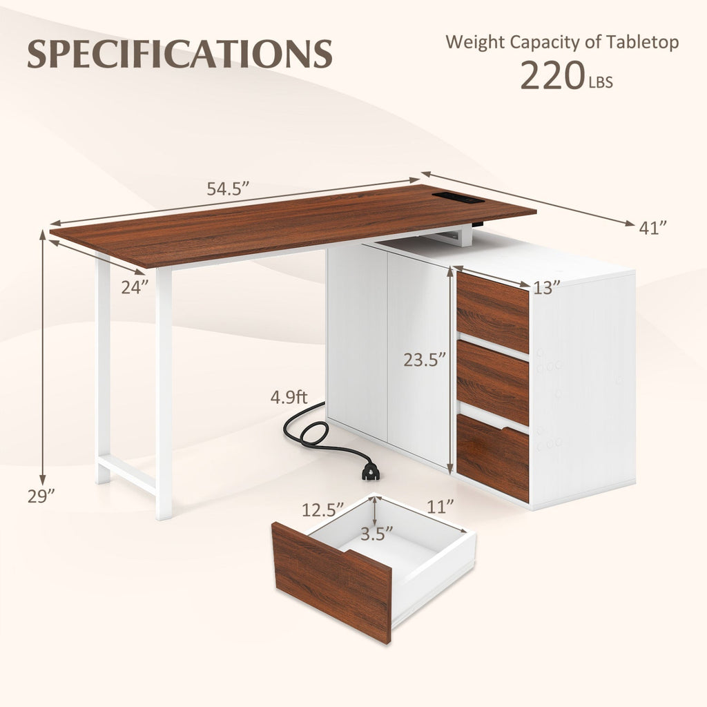 L-Shaped Desk with File Cabinet and Power Outlet Reversible Corner Computer Desk