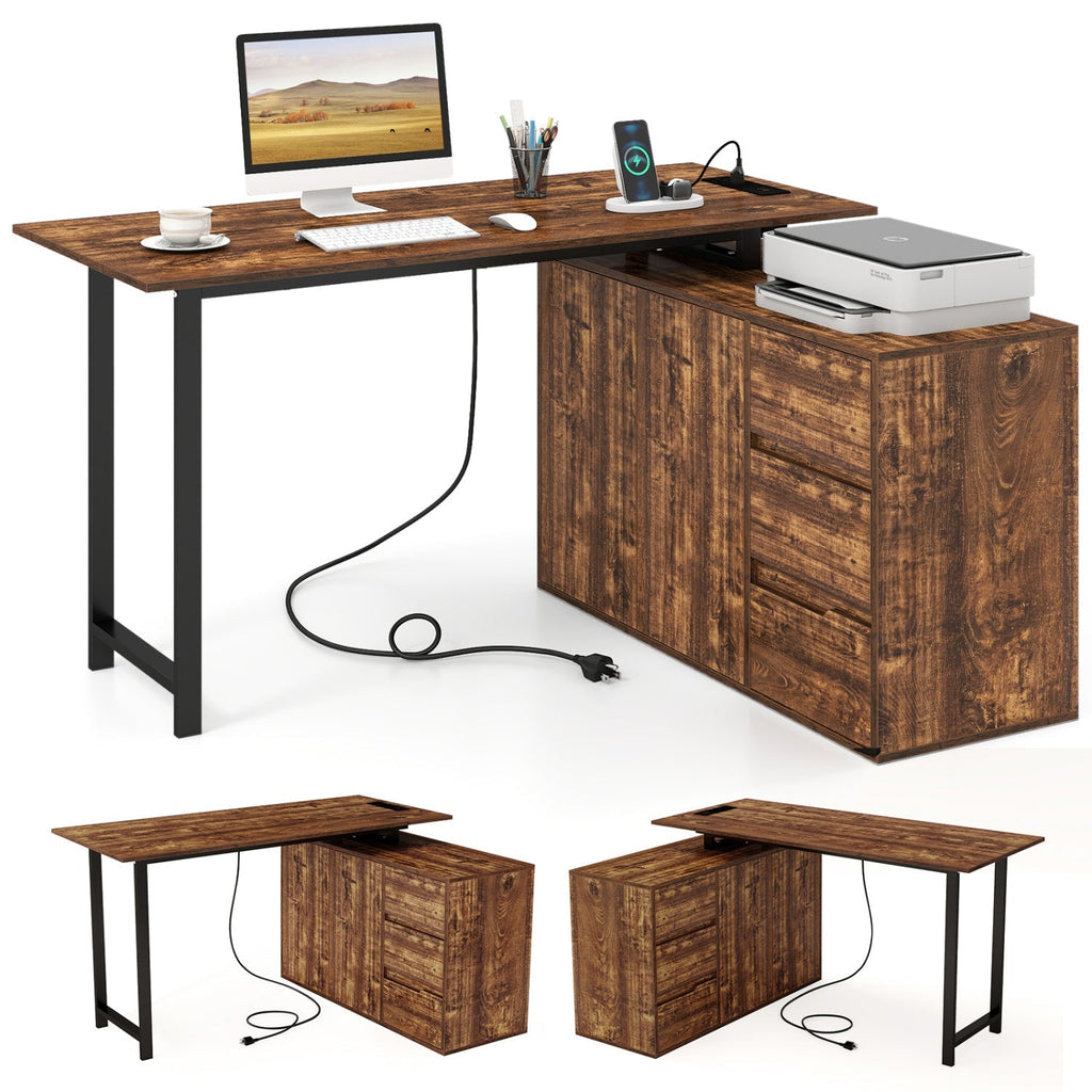 L-Shaped Desk with File Cabinet and Power Outlet Reversible Corner Computer Desk