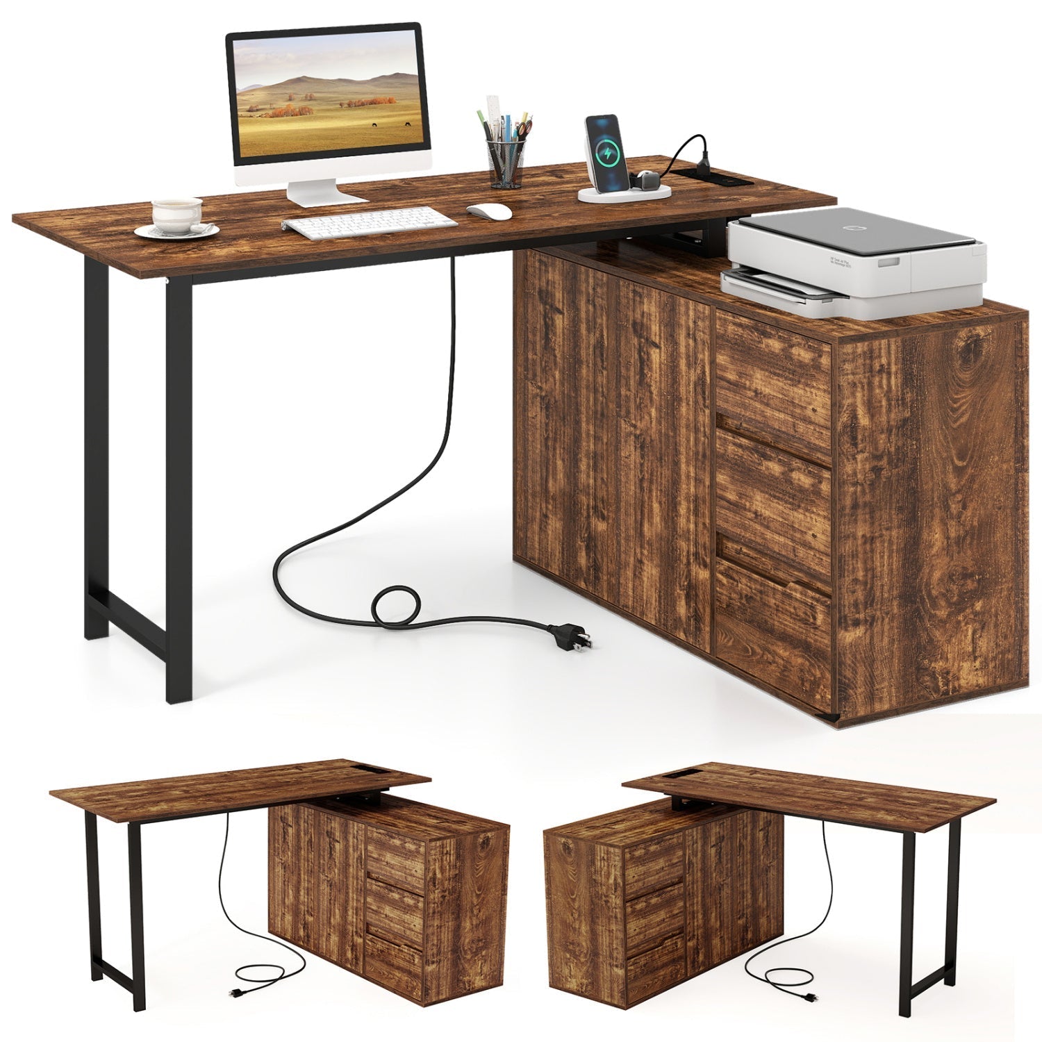 L-Shaped Desk with File Cabinet and Power Outlet Reversible Corner Computer Desk