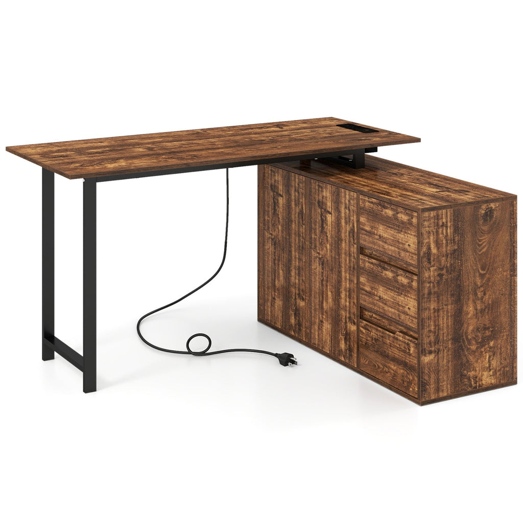 L-Shaped Desk with File Cabinet and Power Outlet Reversible Corner Computer Desk