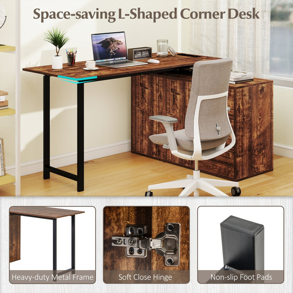 L-Shaped Desk with File Cabinet and Power Outlet Reversible Corner Computer Desk