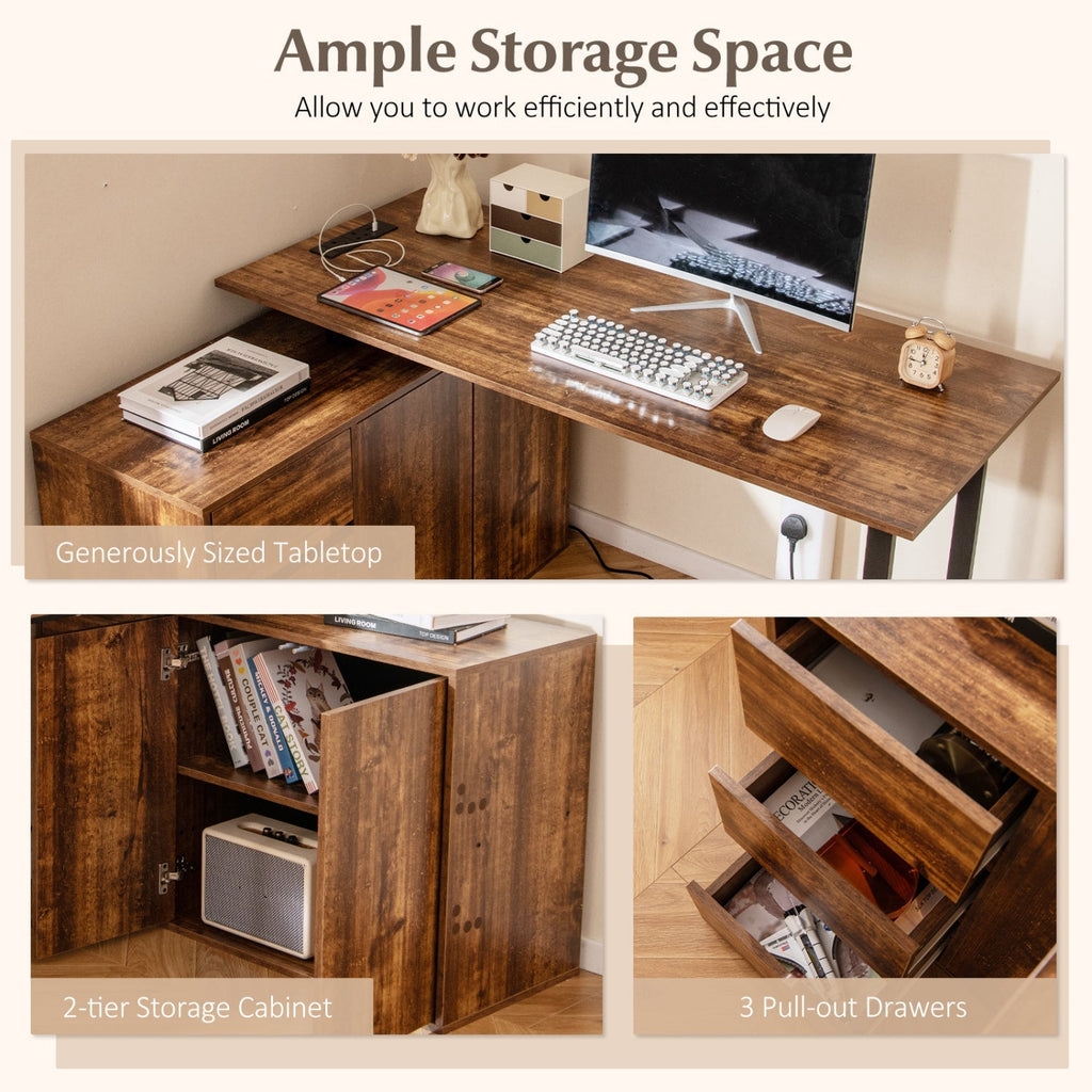 L-Shaped Desk with File Cabinet and Power Outlet Reversible Corner Computer Desk