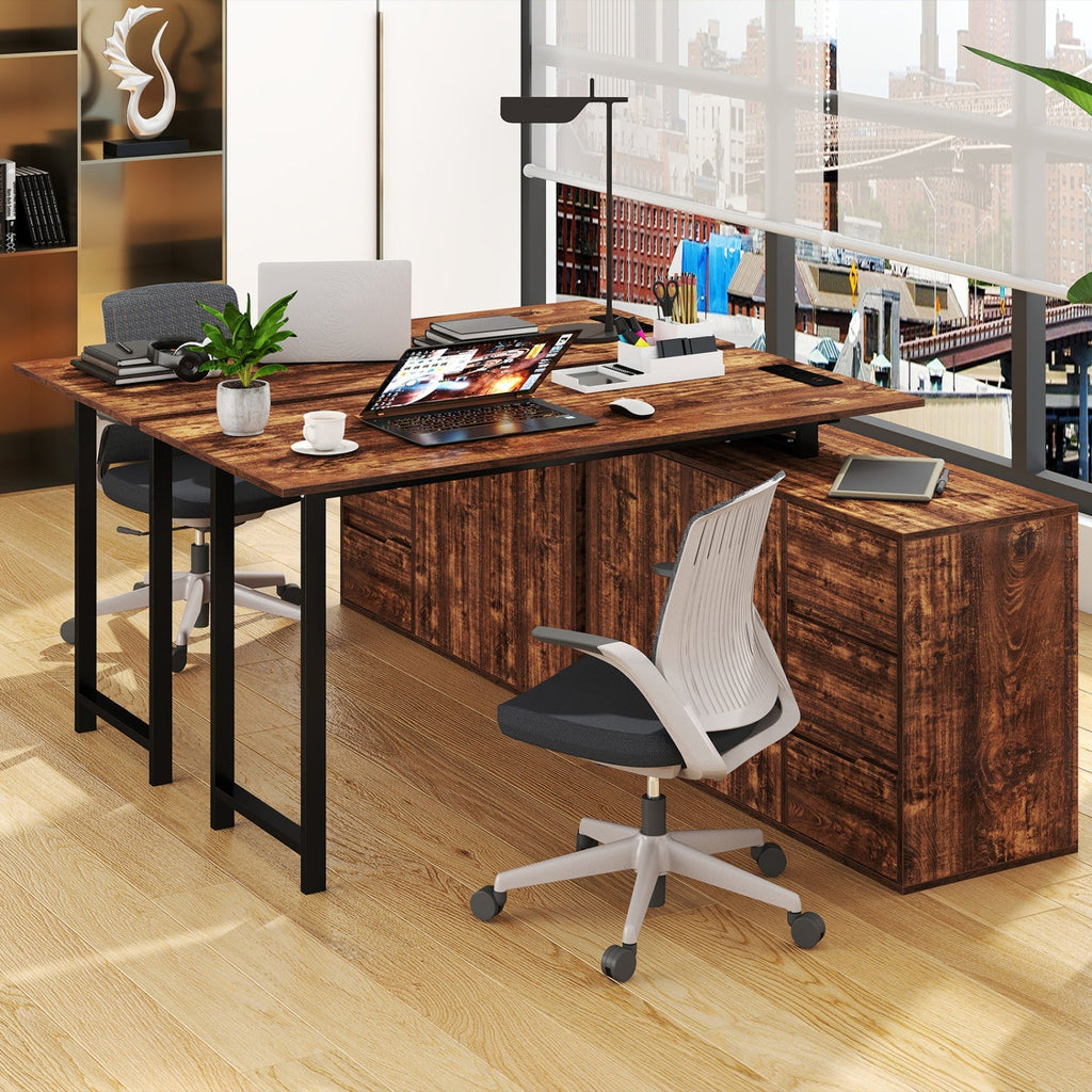 L-Shaped Desk with File Cabinet and Power Outlet Reversible Corner Computer Desk