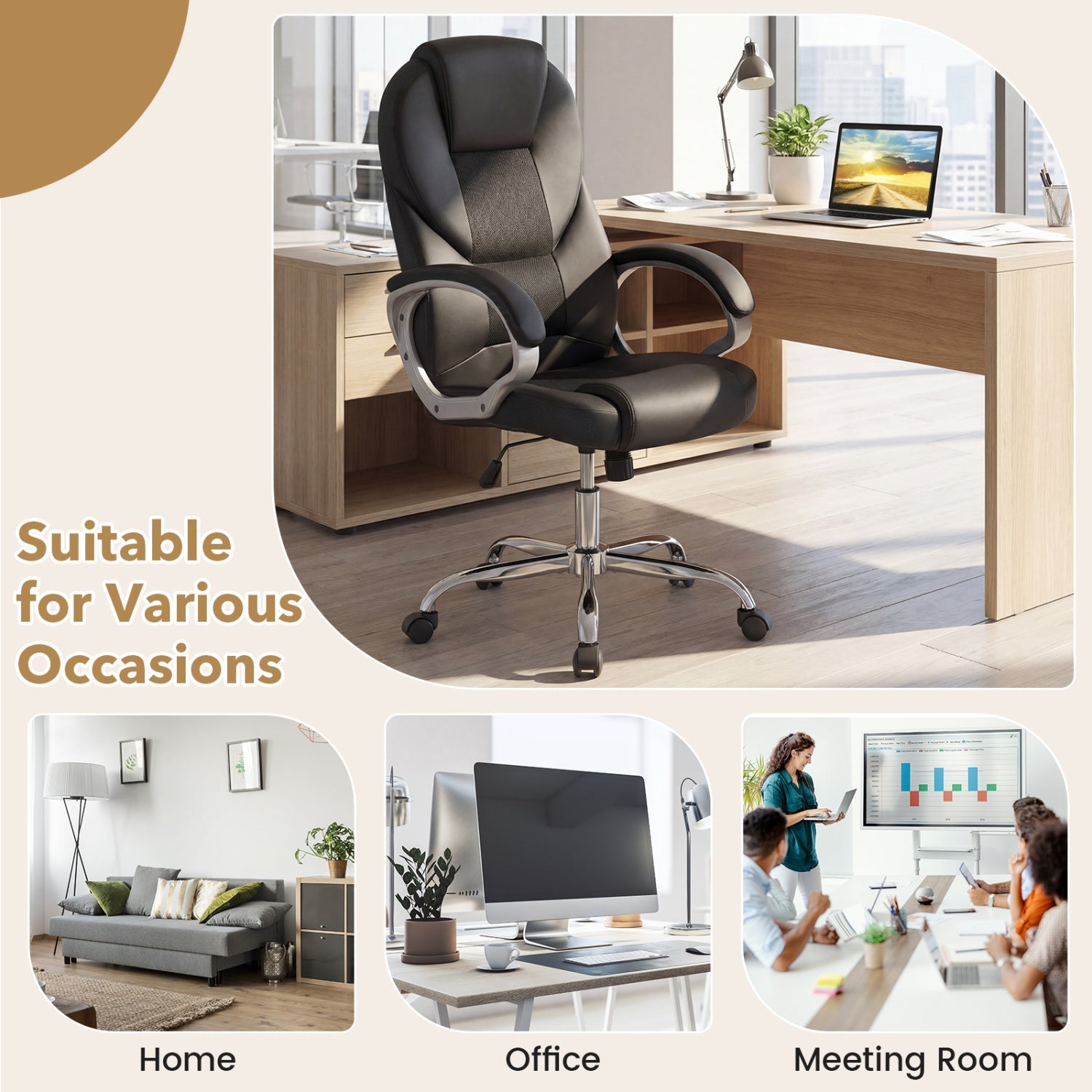 Leather Office Chair Ergonomic Mesh Executive Chair with Padded Armrests and Rocking Backrest