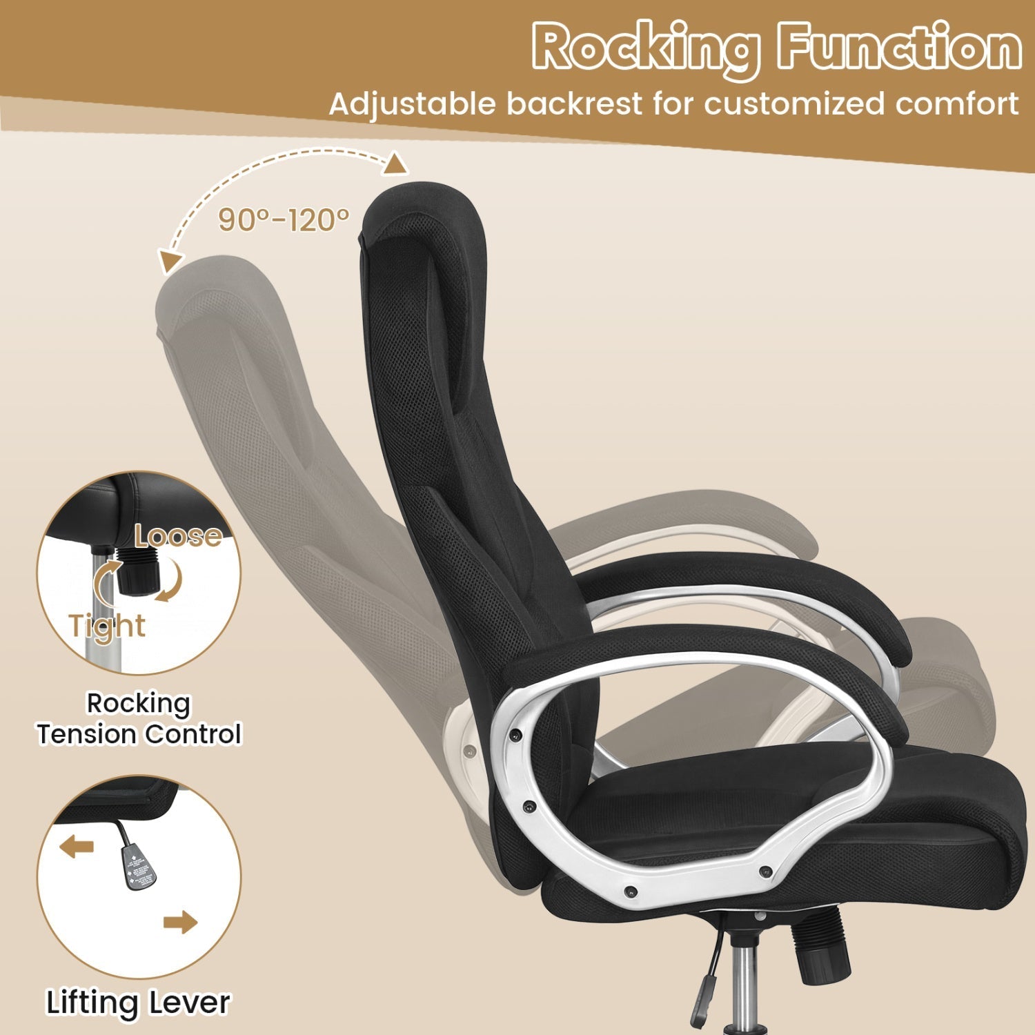 Leather Office Chair Ergonomic Mesh Executive Chair with Padded Armrests and Rocking Backrest