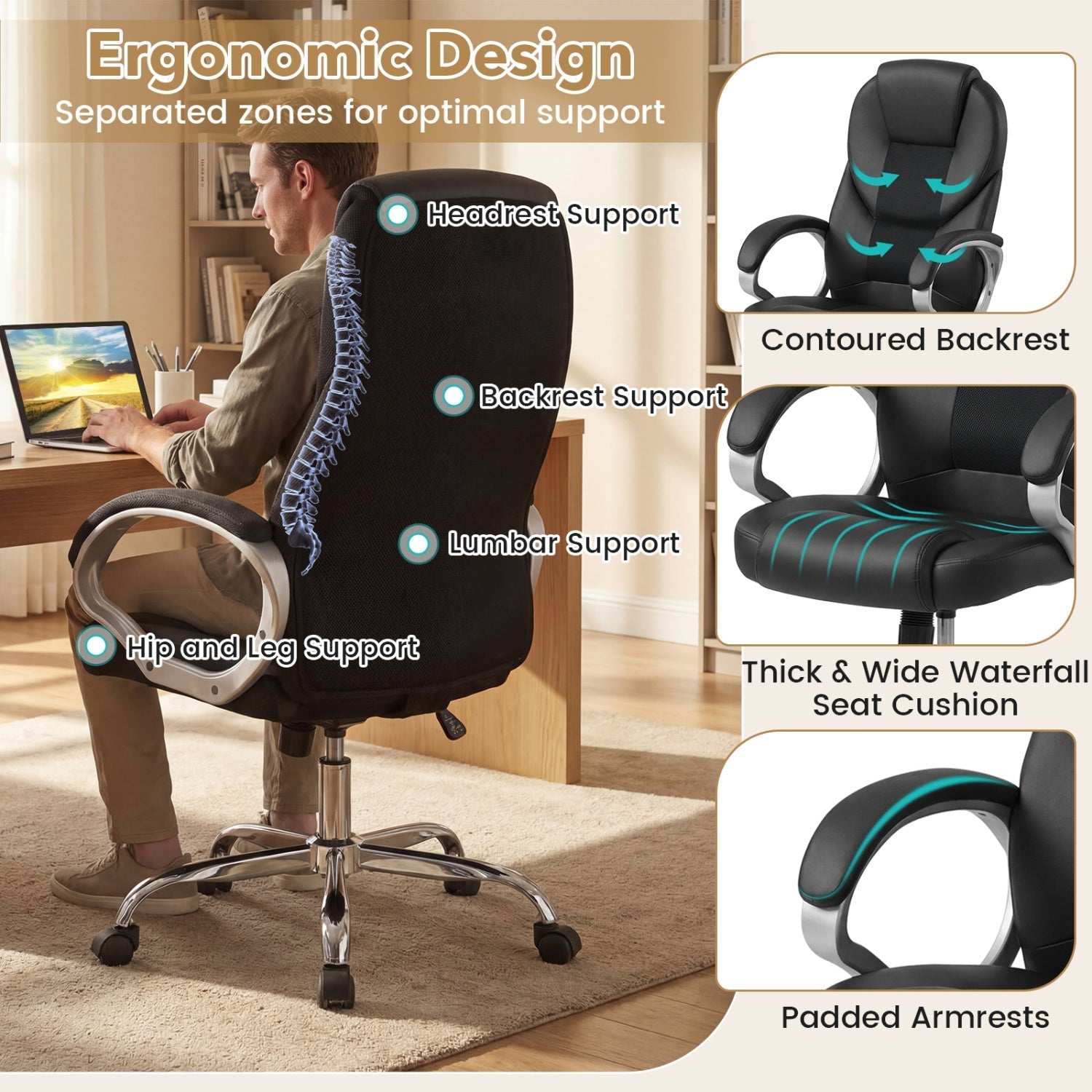 Leather Office Chair Ergonomic Mesh Executive Chair with Padded Armrests and Rocking Backrest