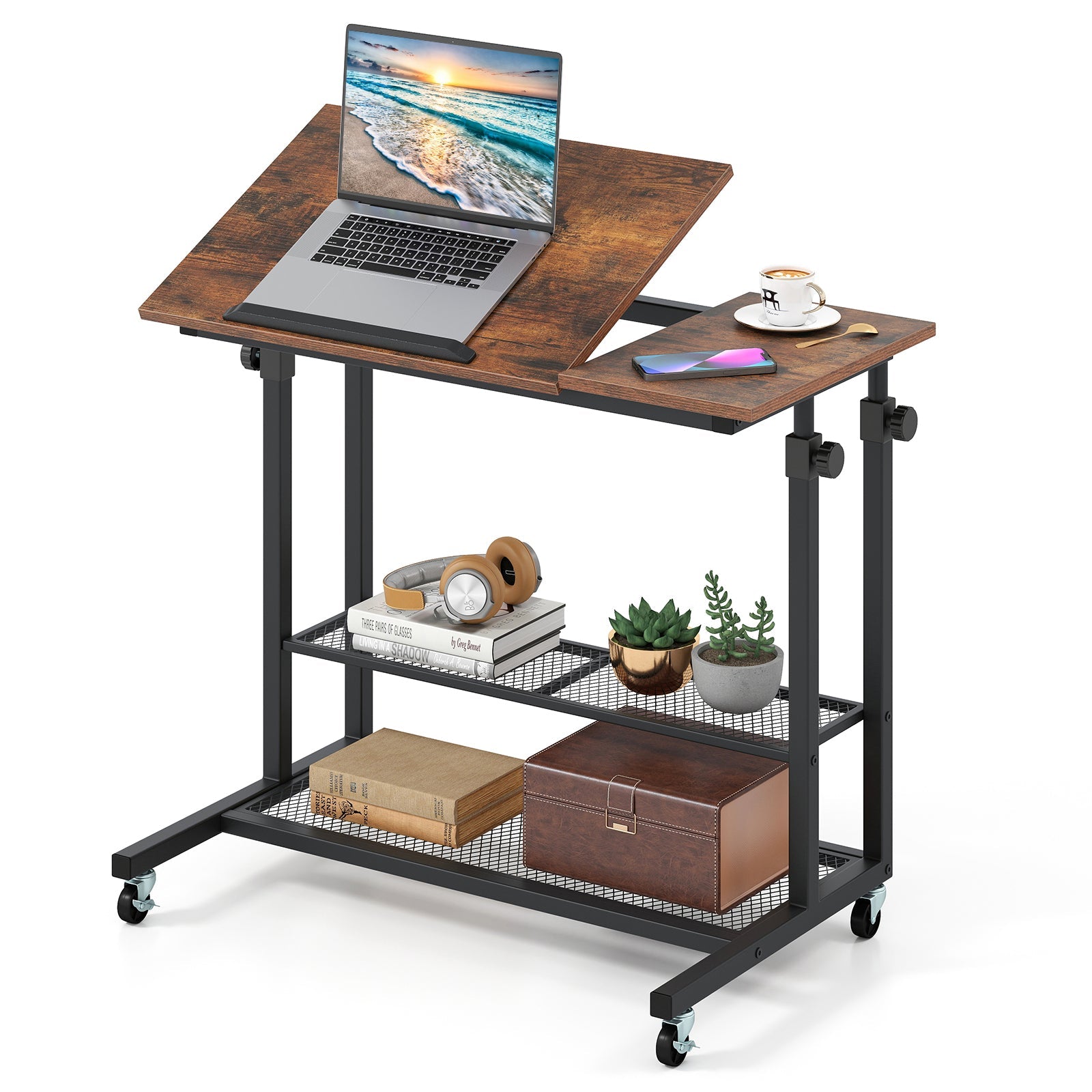 Mobile Stand up Desk Height Adjustable Standing Table with Tilting Tabletop