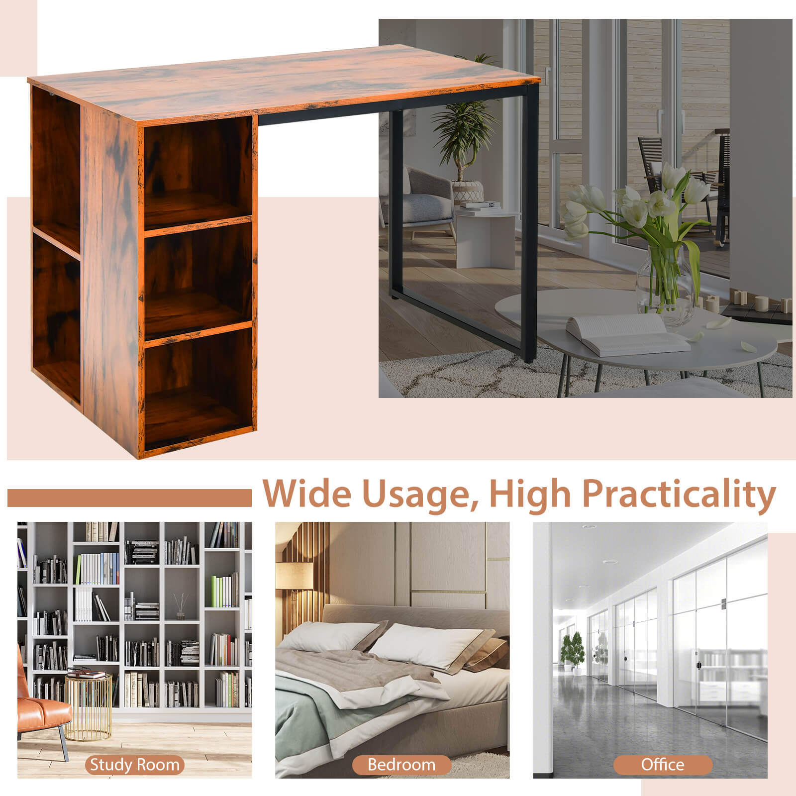 45 Inch Computer Desk with 5 Storage Compartments and Metal Frame