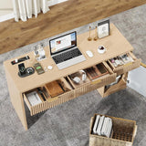 60" Executive Desk with Fluted Drawers,Wood Home Office Desk with Storage Cabinet, Charging Station,Fluted Computer Writing Desk