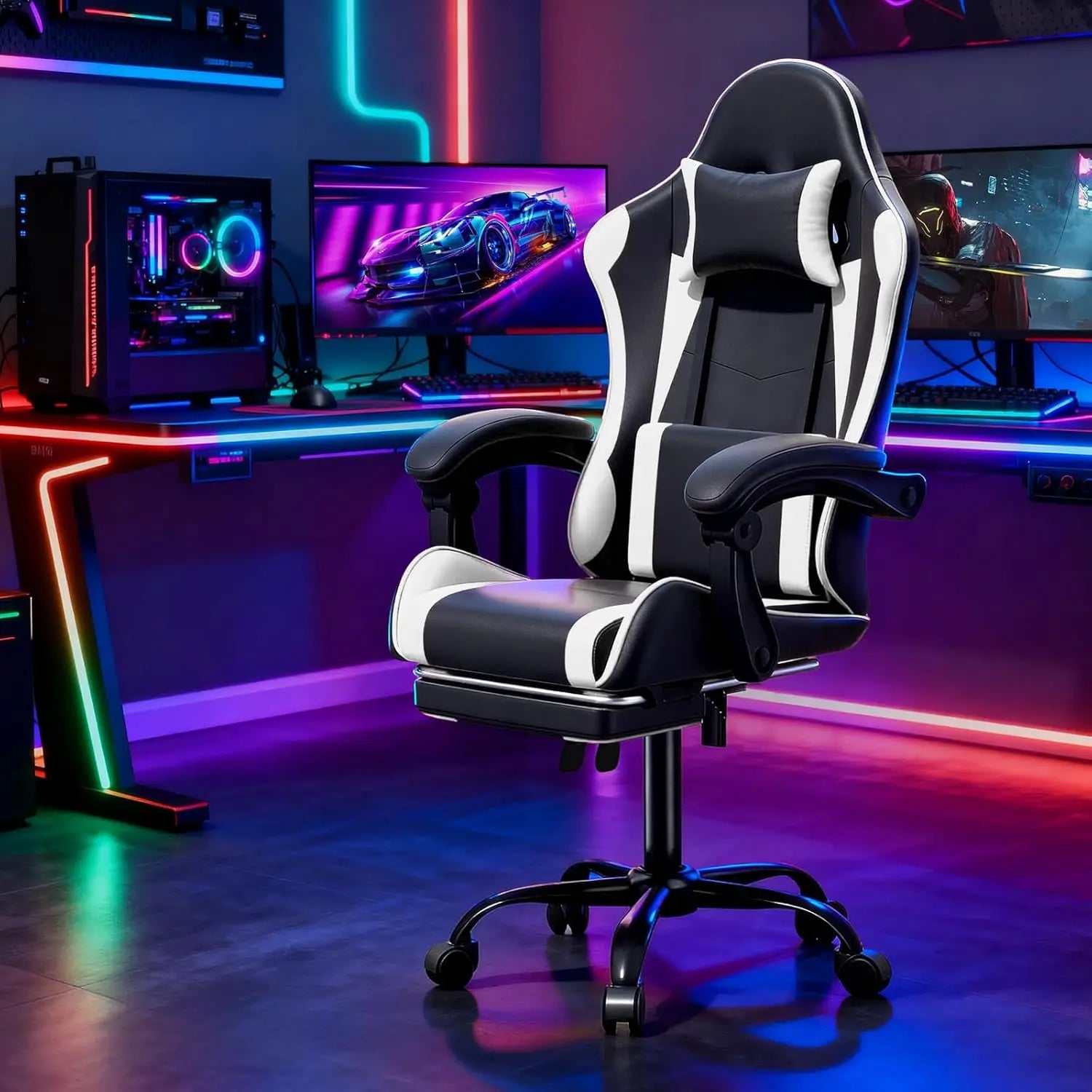 Gaming Chair for Adults, Ergonomic Computer Chair with Linkage Armrests,Height Adjustable Gamer Chair with Footrest and Headrest