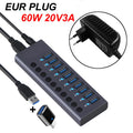 10 Ports USB 3.0 HUB Charging 5Gbps Data Transfer External Splitter Docking Station Power 60W LED Light Switch Convert Adapter