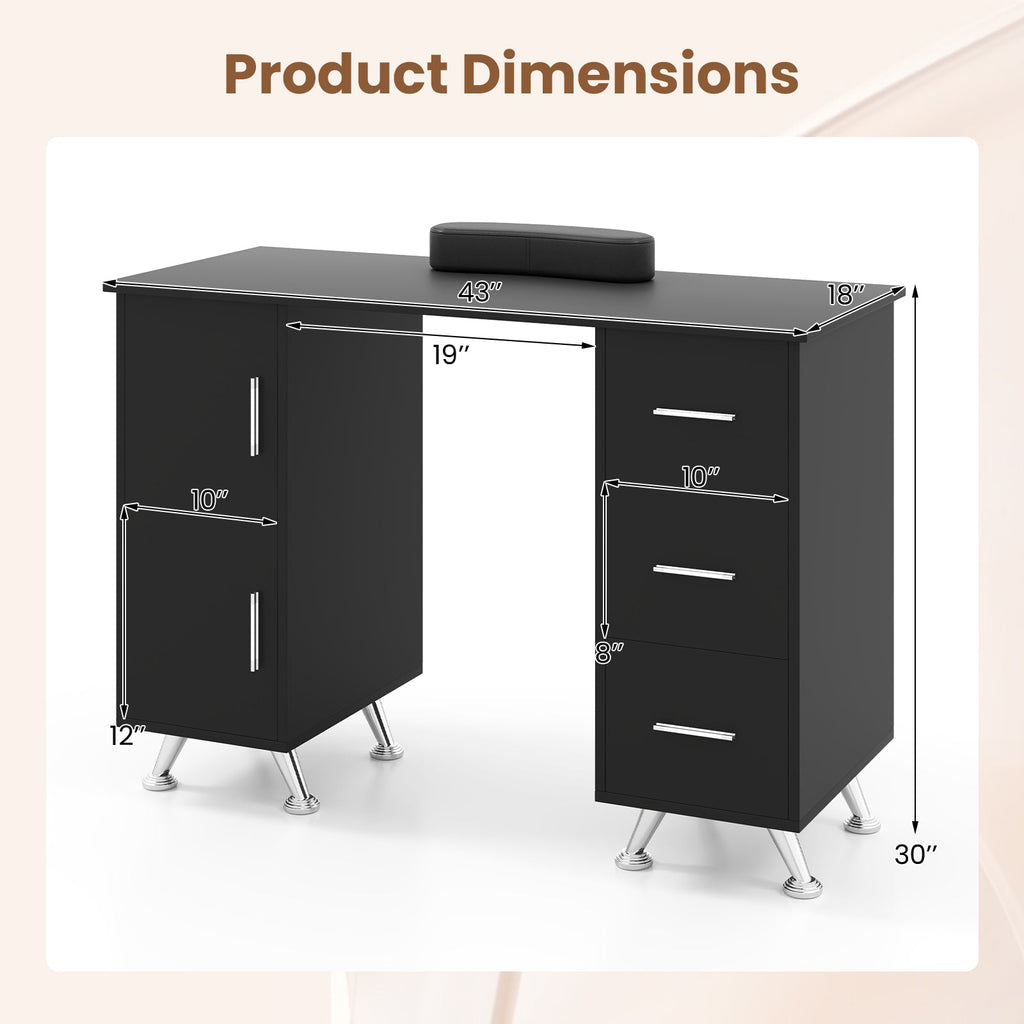 Wooden Manicure Table Nail Desk with Drawers Wrist Rest-Black
