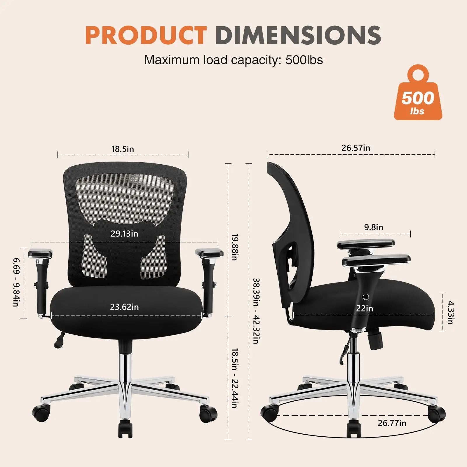 Big and Tall Office Chair 500lb Mesh Ergonomic Seat
