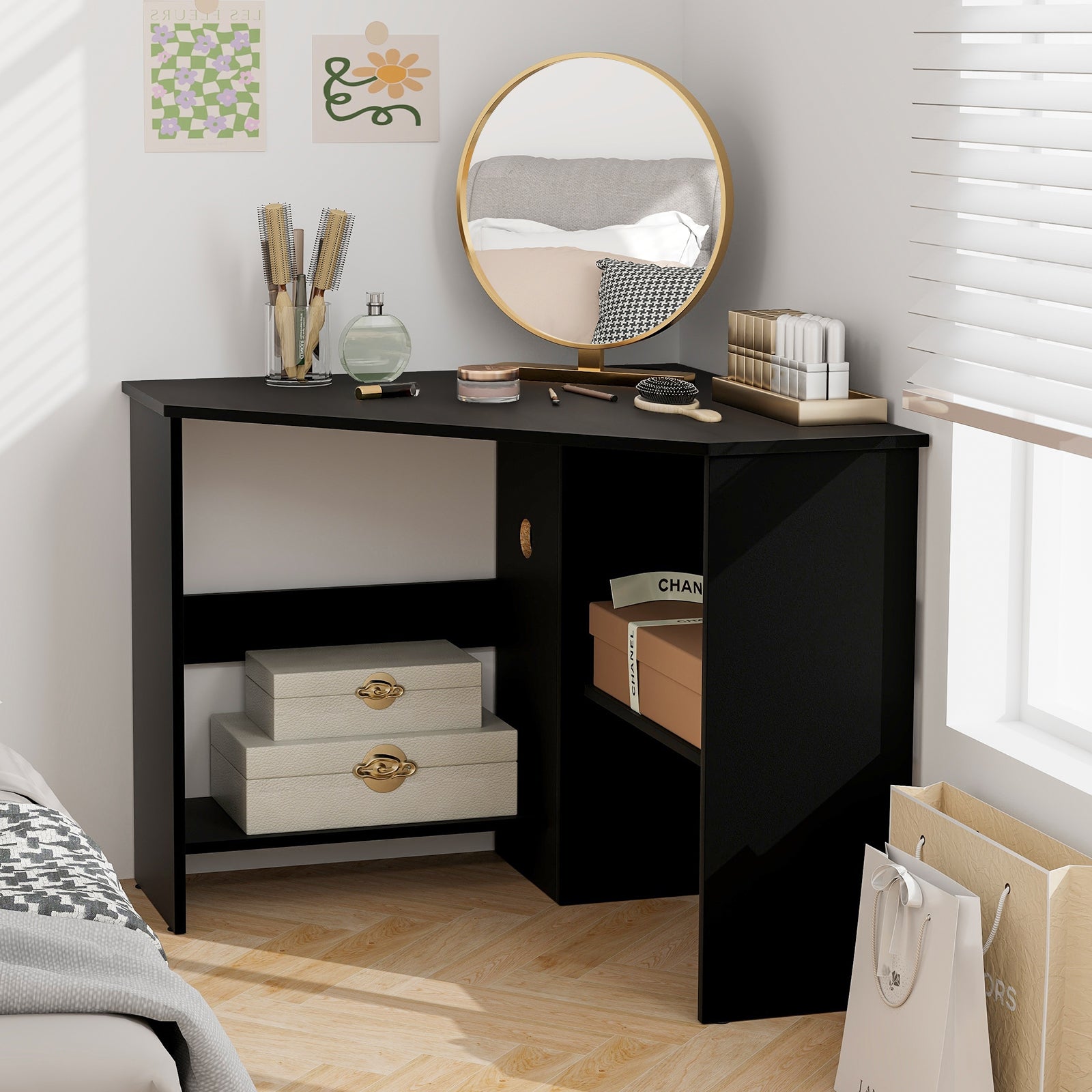 Corner Computer Desk with Storage Shelf - Triangle Design