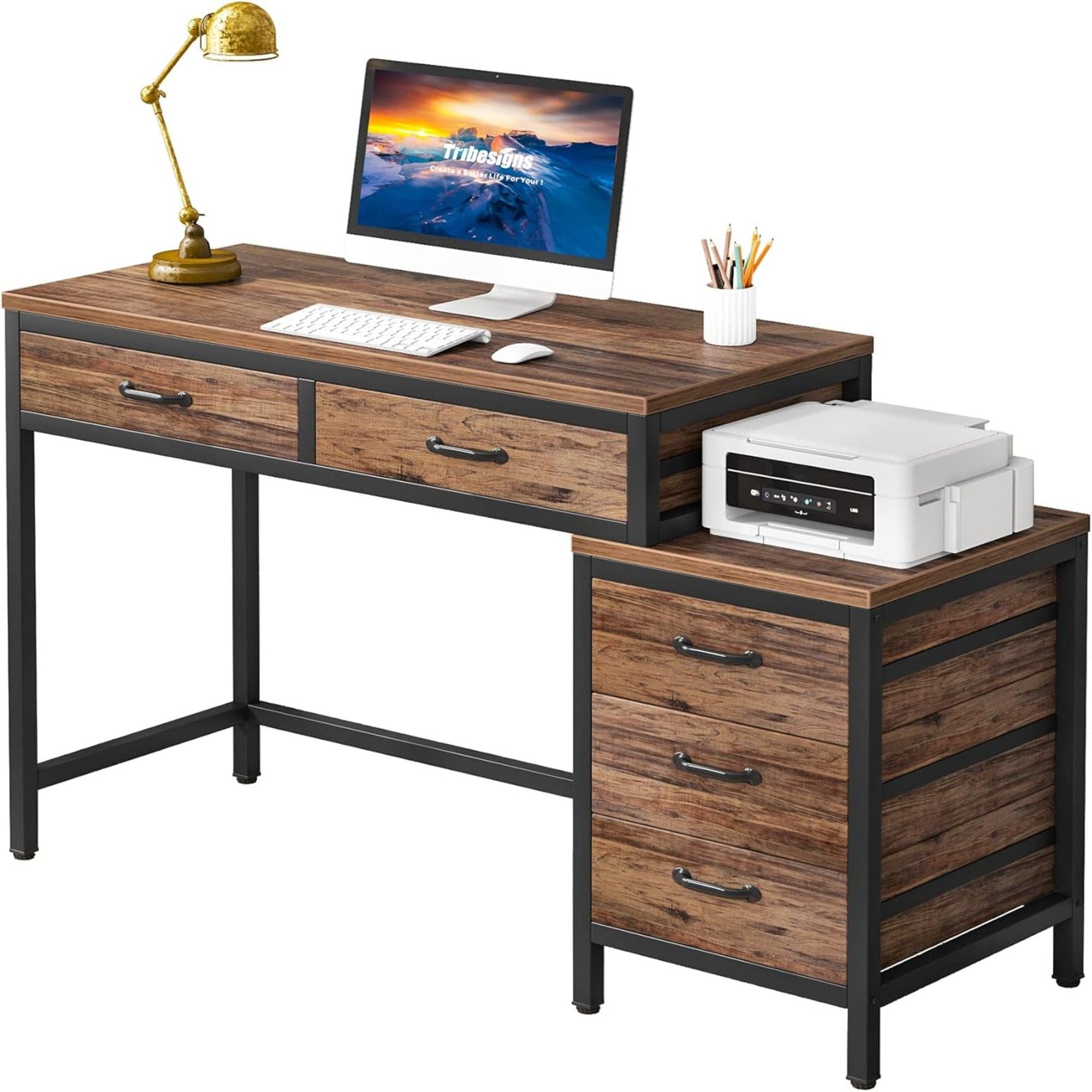 Computer Desk With Reversible 5 Drawer Storage, Frame Writing Table For Small Spaces