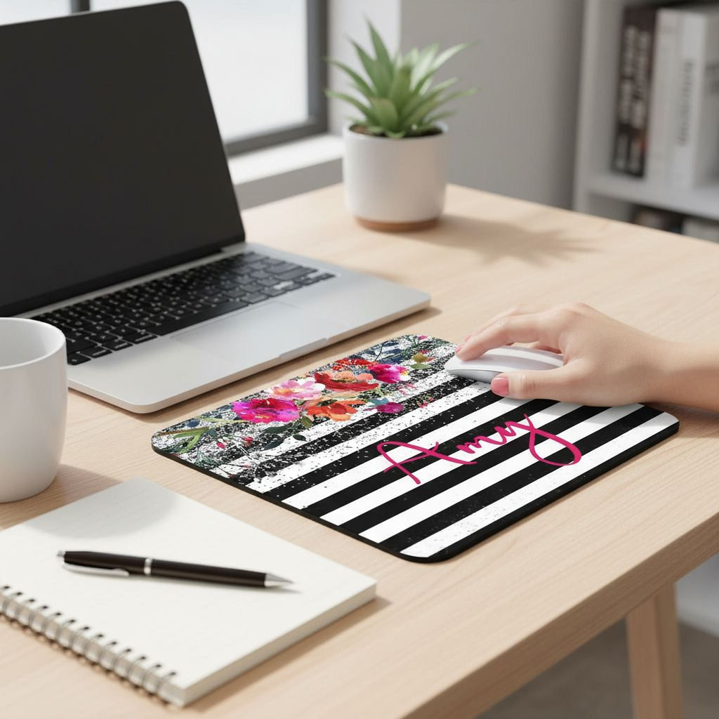 Personalized Floral Mousepad - Watercolor Mouse Pad With Silver Glitter Design