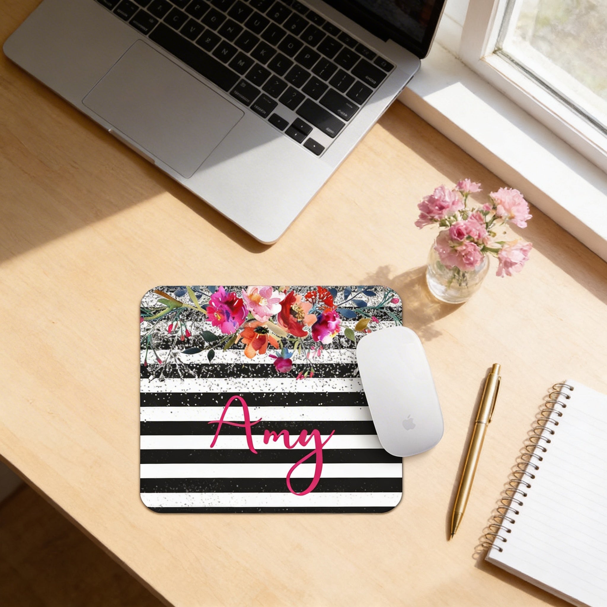 Personalized Floral Mousepad - Watercolor Mouse Pad With Silver Glitter Design