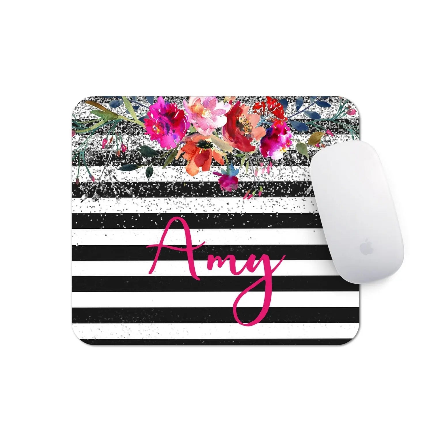 Personalized Floral Mousepad - Watercolor Mouse Pad With Silver Glitter Design