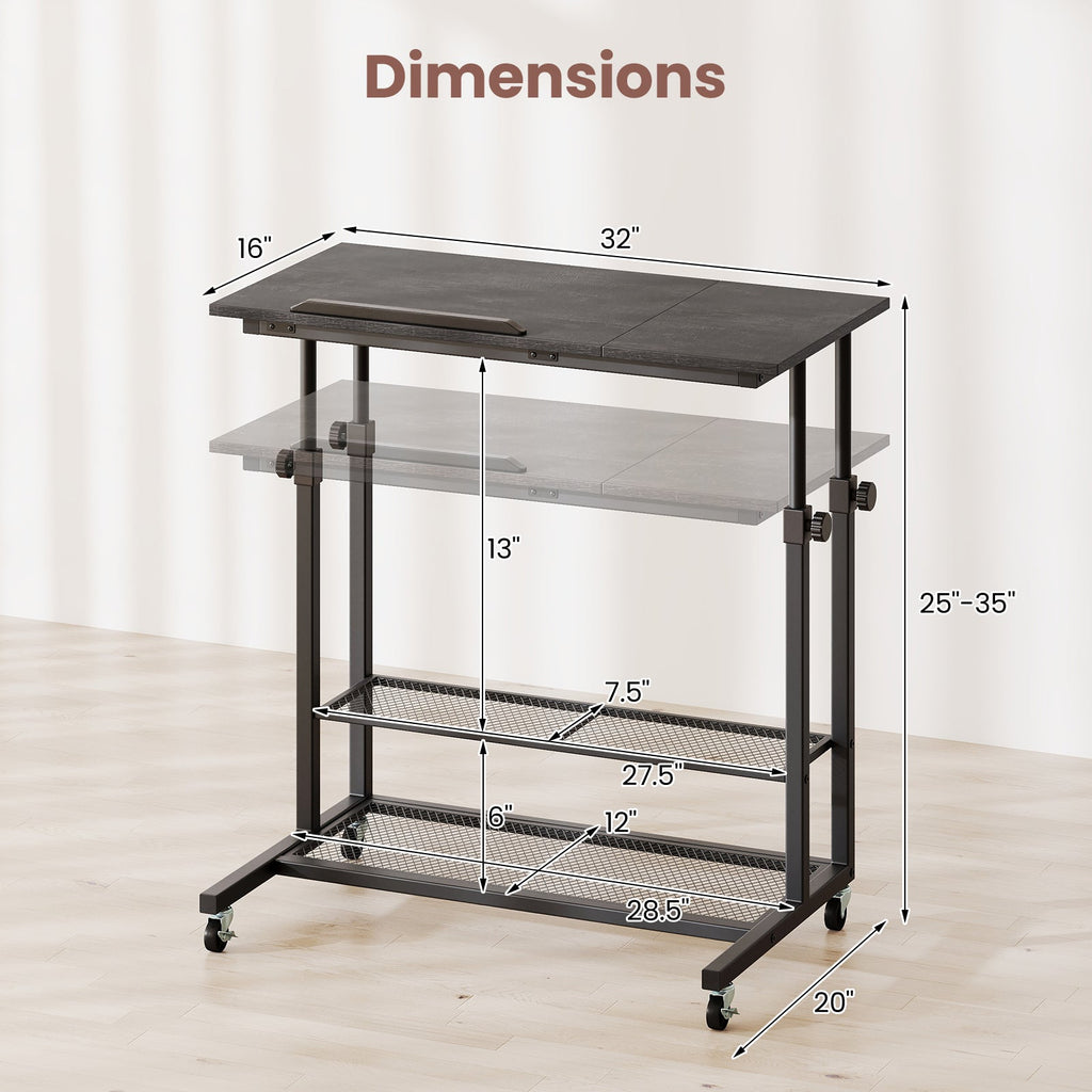 Mobile Stand up Desk Height Adjustable Standing Table with Tilting Tabletop