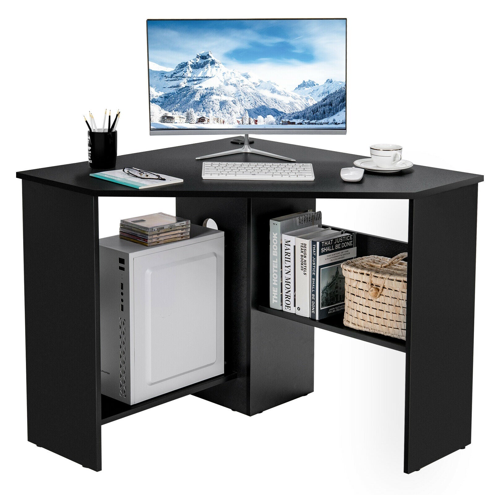 Corner Computer Desk with Storage Shelf - Triangle Design